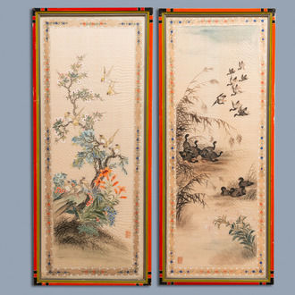 Chinese school, ink and colour on textile, 19/20th C.: 'Birds and ducks near blossoming branches'